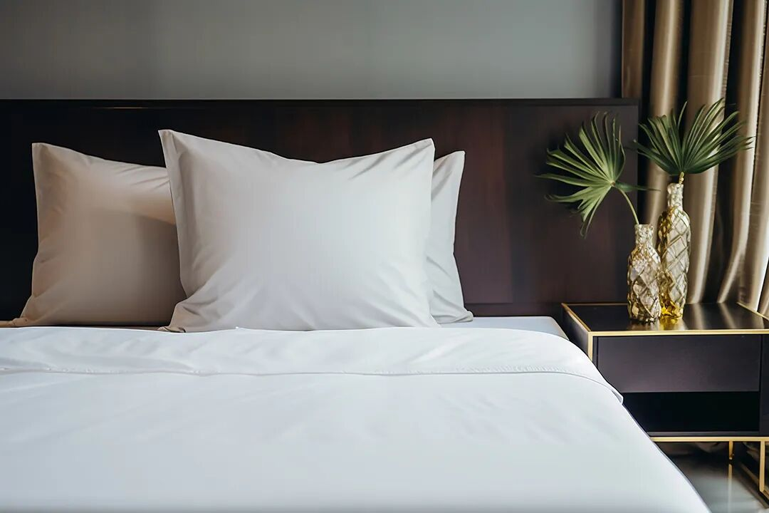 A pristine hotel bed with crisp white pillows and sheets, emphasizing the psychological assurance of cleanliness and hygiene that white linens provide to guests.