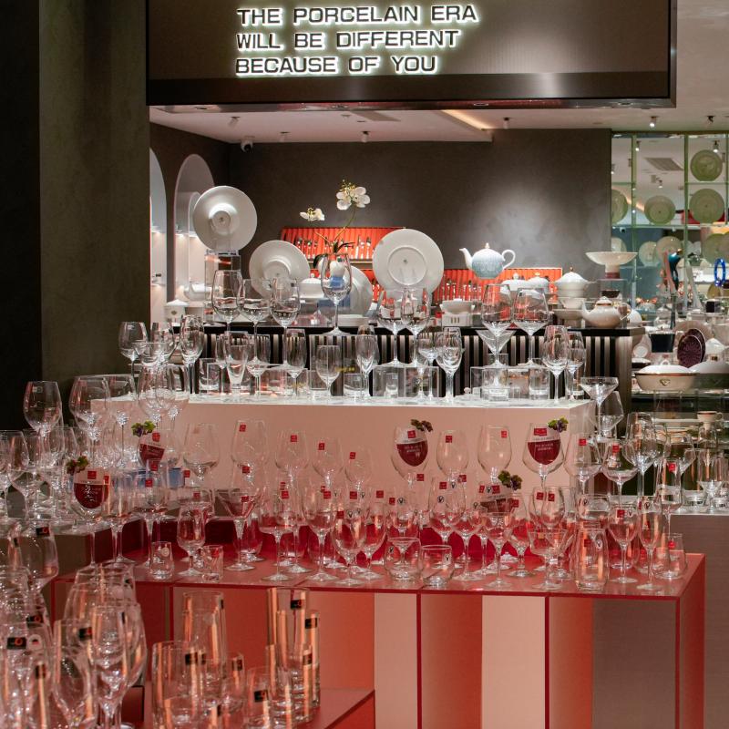 Taitang hotel glassware display showroom featuring a wide selection of commercial wine glasses, tumblers, and hospitality tableware.JPG