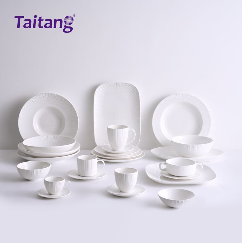 Sunburst Texture White Porcelain Dinnerware Collections Modern Dinnerware Sets for Hotels & Fine Dining