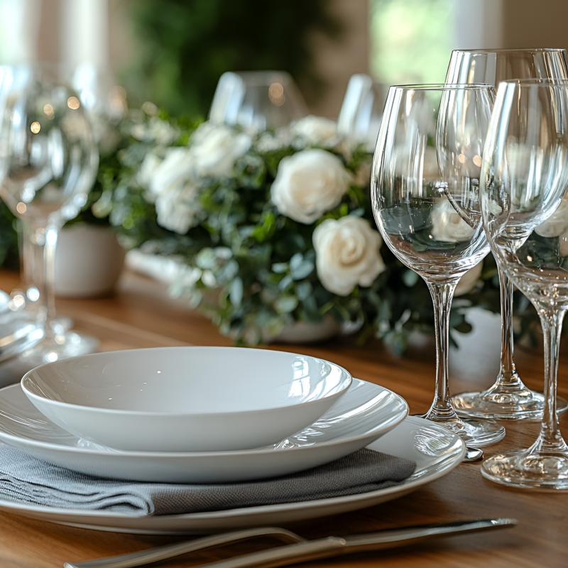 Contemporary hotel banquet table setting with crisp white ceramic bowls, wine glasses, and floral centerpiece.jpg
