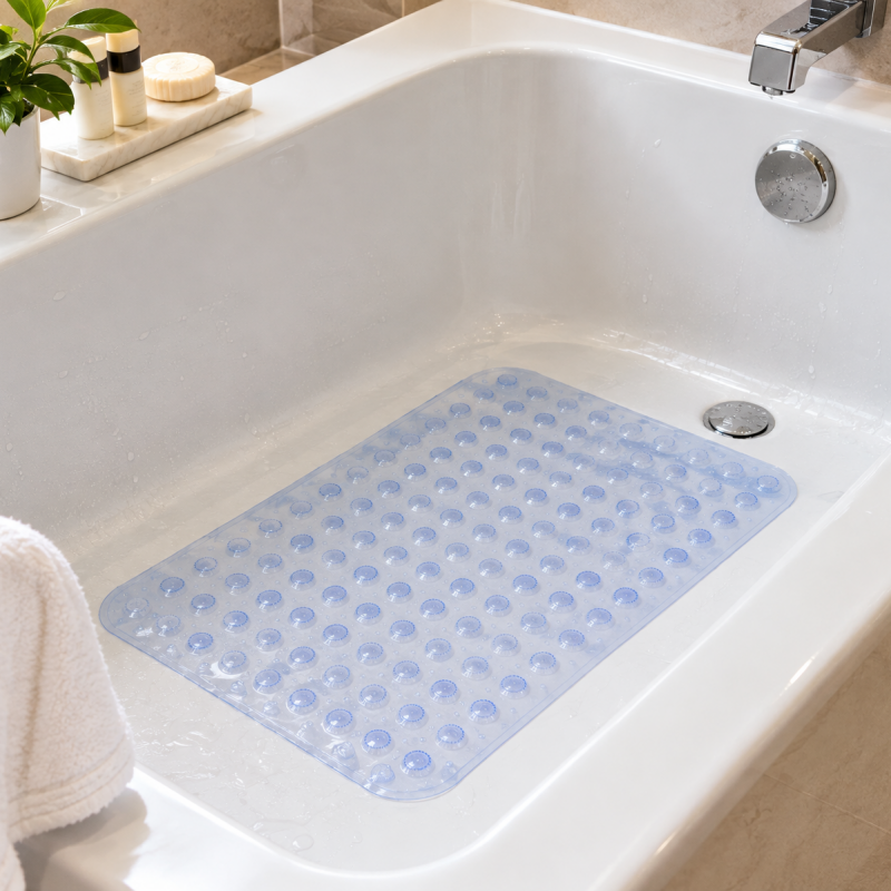 Taitang clear blue non-slip PVC bath mat placed flat inside a modern hotel bathtub with suction cups for guest safety.png