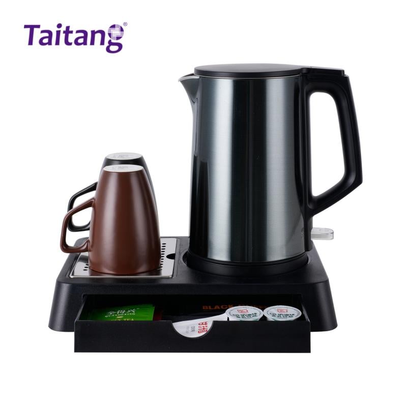 Electric Kettle Tray Set 1L 304 Stainless Steel Hotel Room Kettle & ABS Amenity Organizer Station Hospitality Supplies