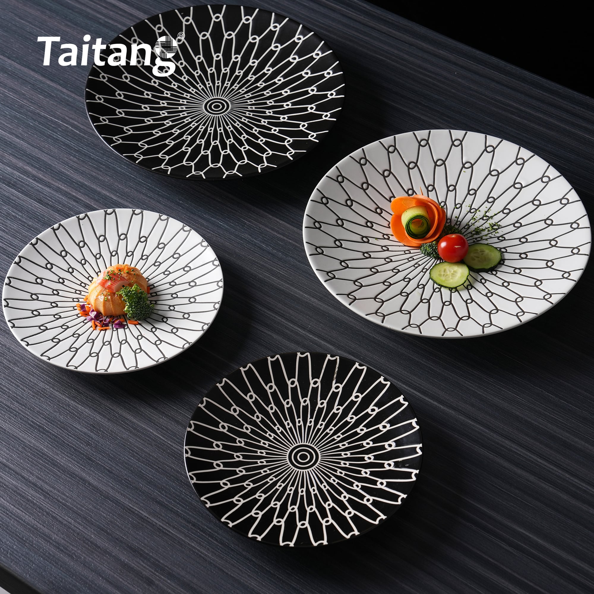 1. A collection of Taitang monochrome geometric restaurant plates in wholesale bulk sizes for premium hotel catering.jpg