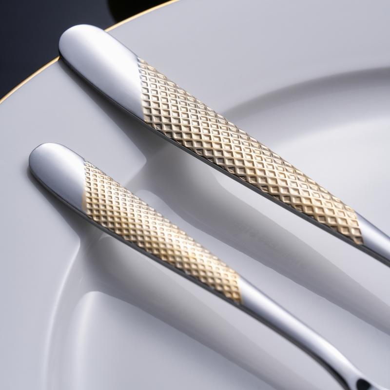 Luxury Restaurant Cutlery Set Gold Checkered Handle 201 Stainless Steel Cutlery for Hotels & Fine Dining
