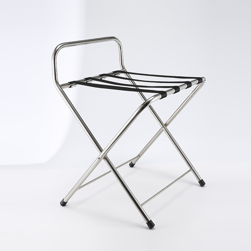 Estante plegable para equipaje de hotel en acero inoxidable premium con respaldo elevado