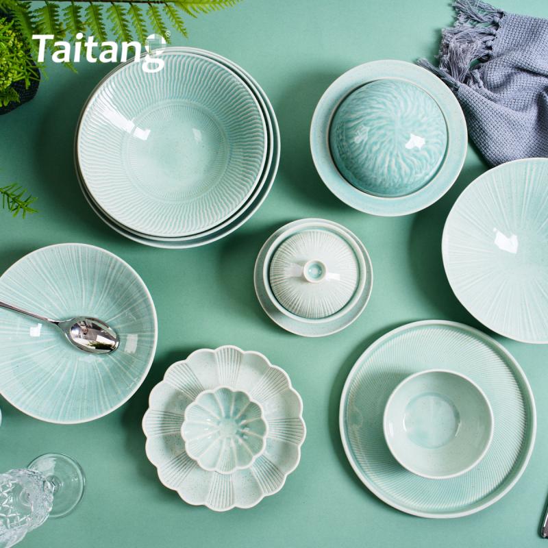 Set di stoviglie in porcellana smaltata reattiva color verde celadon per hotel e ristoranti di lusso