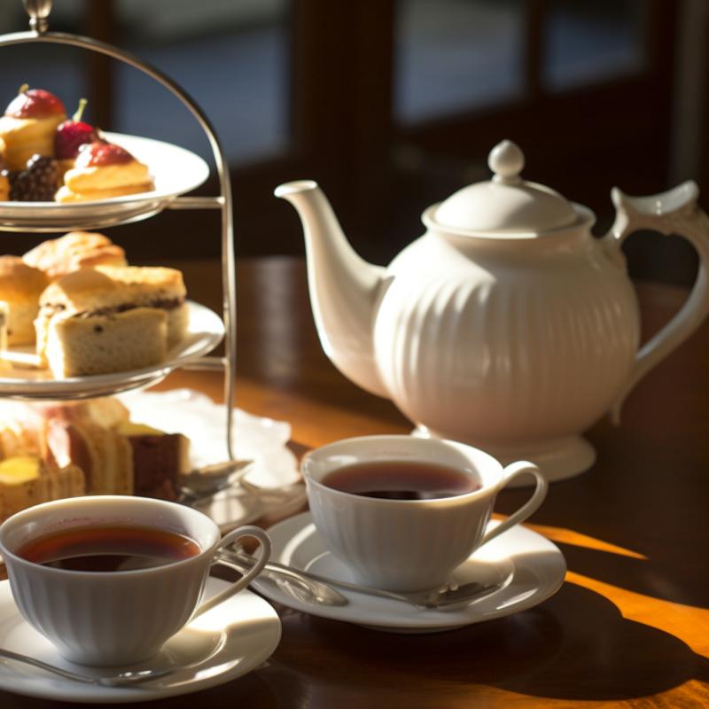 Classic white porcelain teapot and teacups served alongside a tiered afternoon tea dessert stand.jpg
