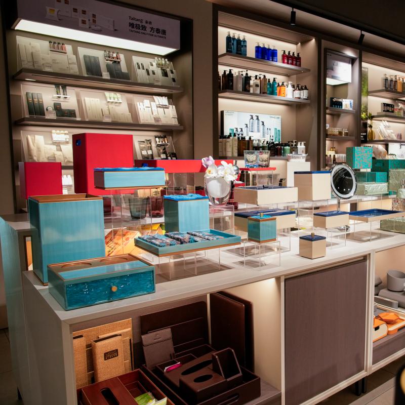 Taitang premium hotel guest room accessories showroom featuring upscale leatherette amenity boxes and hospitality trays for luxury resorts.JPG