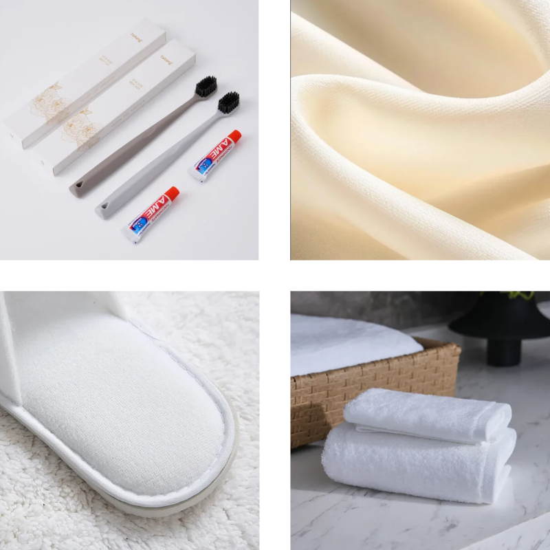 Four-panel collage of high-end guest room details, including eco-friendly toothbrush kits, silky satin bed sheets, plush white slippers, and stacked fluffy towels.png