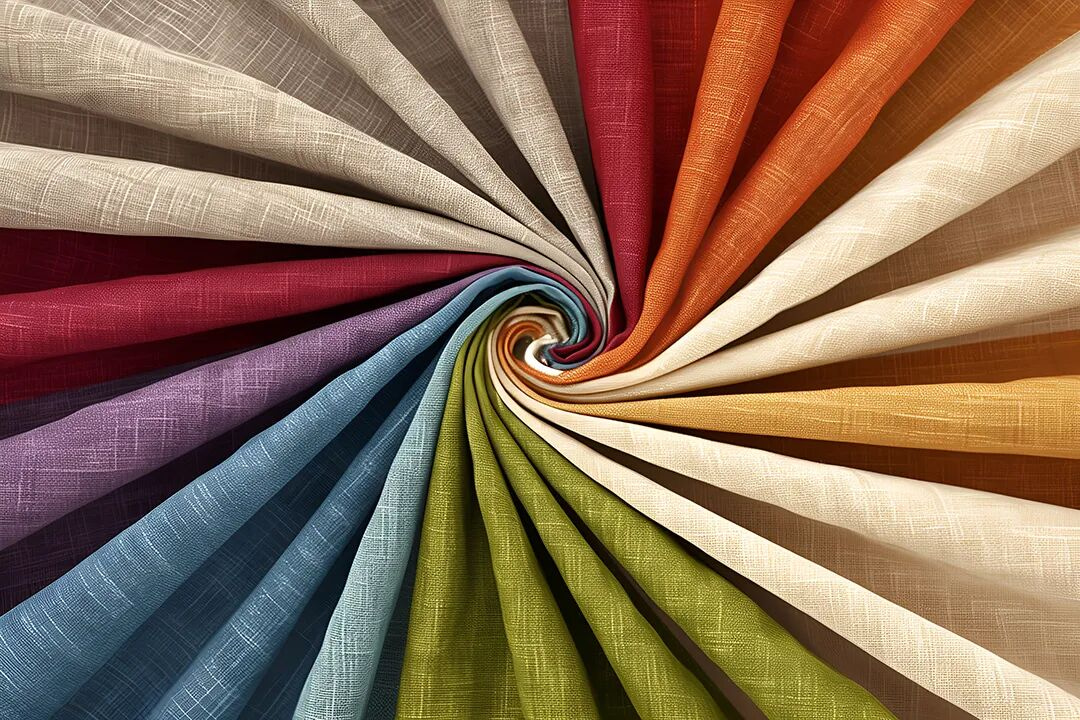 A colorful spiral display of fabric swatches for boutique hotels and resorts looking for customized, non-white linen solutions to match their unique brand identity.