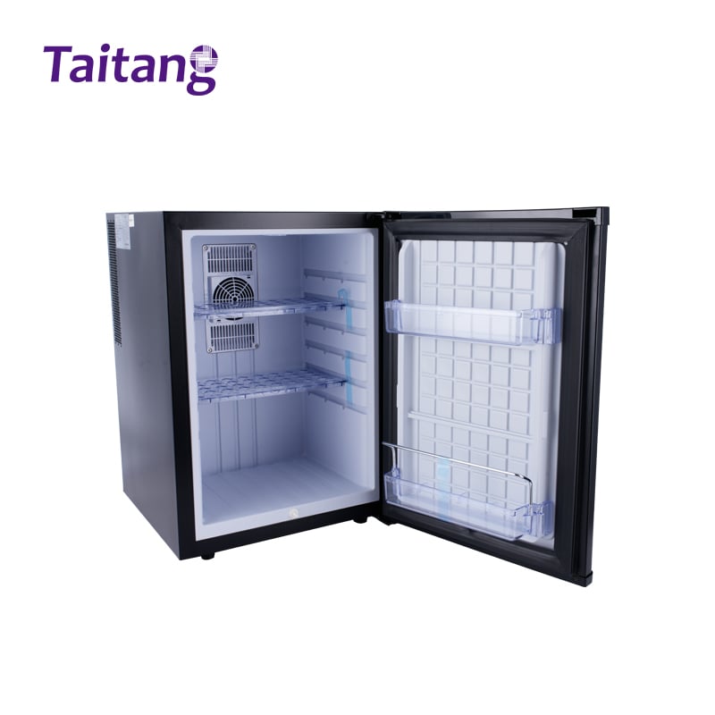 Open Taitang hotel mini fridge with two adjustable transparent shelves and door storage.jpg
