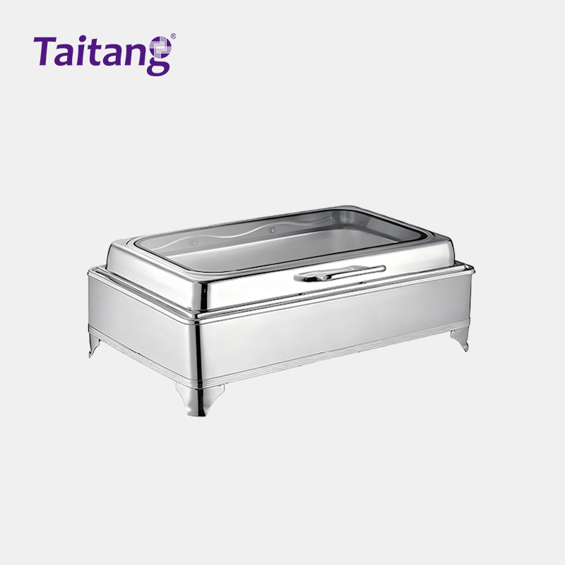 Deluxe Stainless Steel Food Warmer Buffet Luxury Rimmed Chafing Dishes with Glass Vision Lid for Star-Rated Hotels