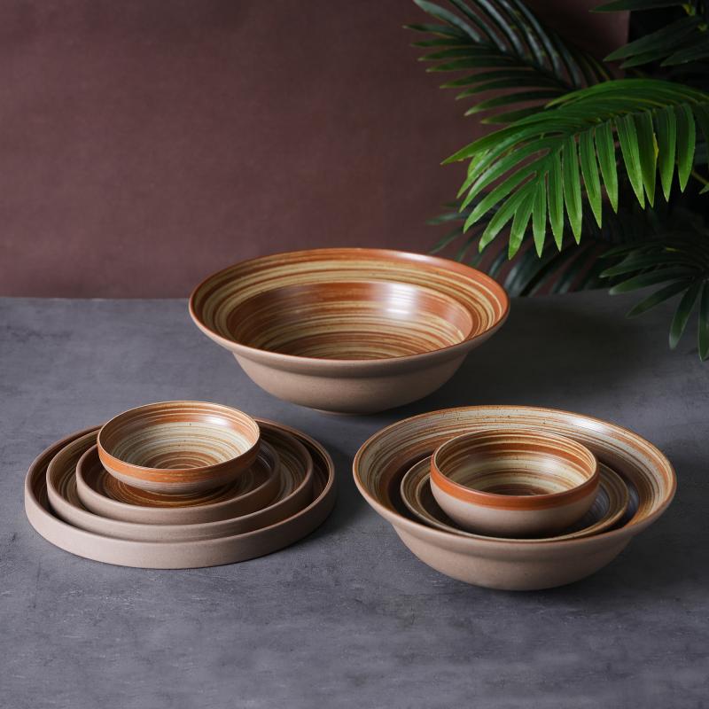 Pottery Spiraalglans Eetgereedskap-stel, Geglaseerde Keramiese Eetgereedskap en Koppies vir Ekologiese Resorte, Fynproefrestaurante en Hotelle