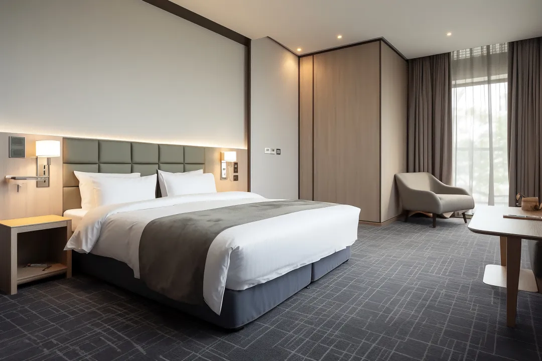 A clean and minimalist hotel room design with a perfectly made bed using TAITANG white linens and a simple grey bed runner.