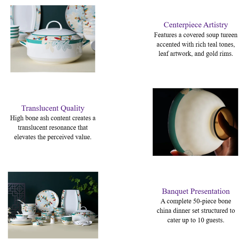 Botanical Whispers Luxury Bone China Dinnerware Set with Tropical Leaf Pattern & Gold Trim for Luxury Resorts.png