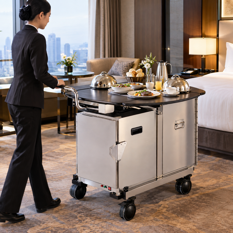 Luxury Folding Room Service Trolley with Electric Food Warmer Premium Hotel Hospitality Supplies
