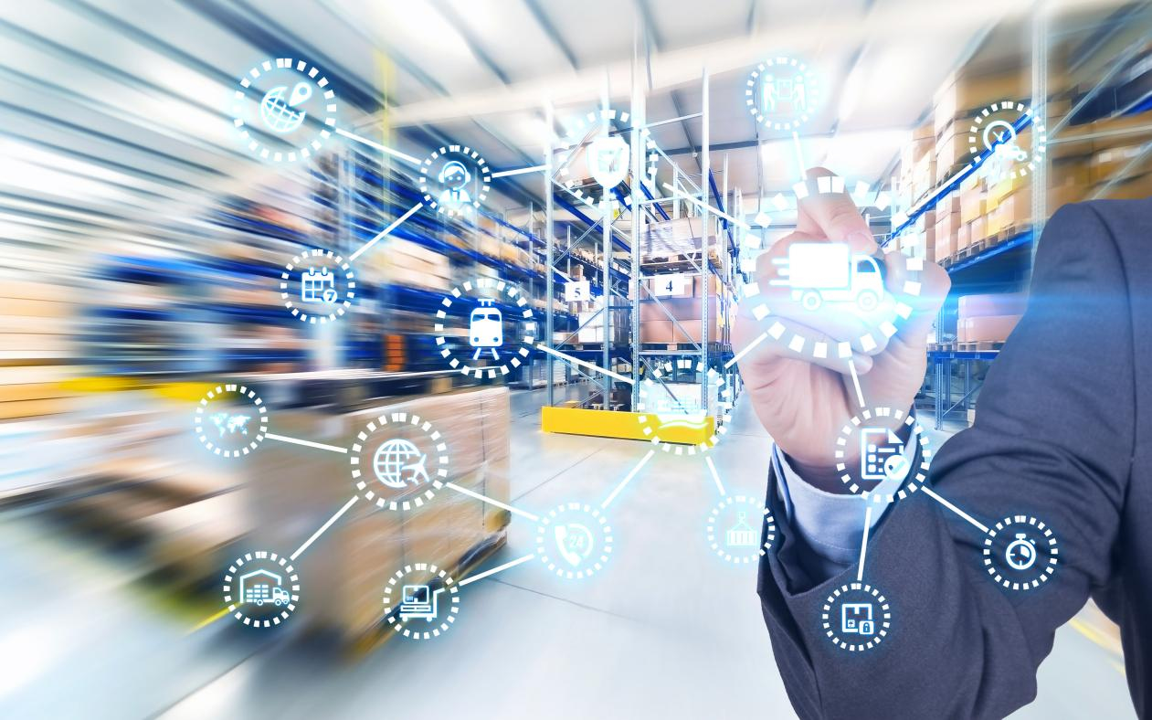 A high-speed, blurred action shot of an advanced warehouse distribution center, with overlay icons of trucks, boats, trains, and planes, showing the fast and integrated logistics network for consolidating and delivering hotel goods.