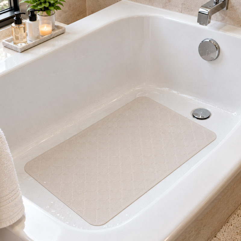 Taitang off-white non-slip rubber bath mat with diamond grid pattern placed flat inside a clean hotel bathtub for guest safety.png