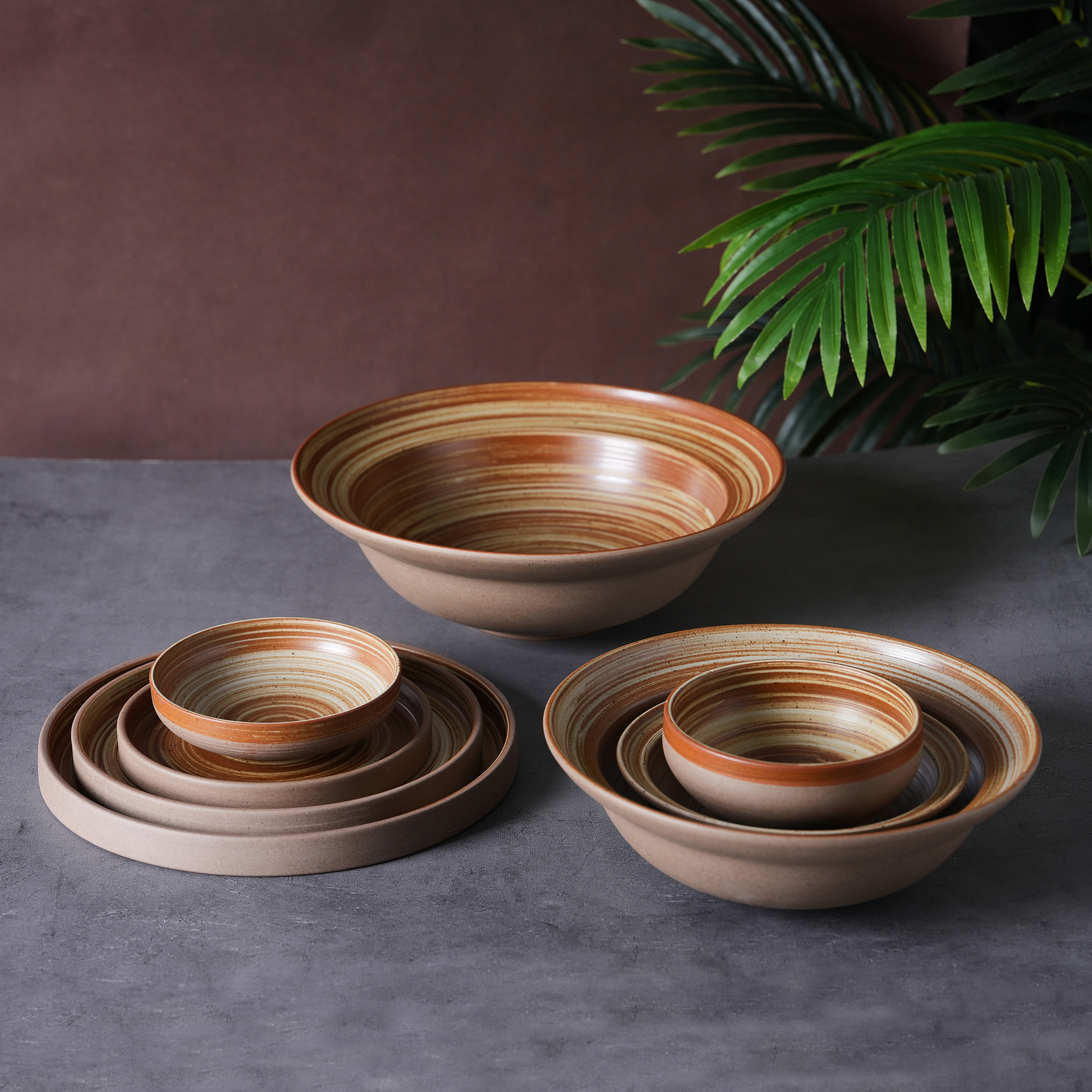 ชุดภาชนะสำหรับรับประทานอาหารแบบเซรามิกเคลือบผิวแบบเกลียว (Spiral Glaze) พร้อมถ้วยกาแฟ สำหรับรีสอร์ตเพื่อสิ่งแวดล้อม ร้านอาหารระดับพรีเมียม และโรงแรม
