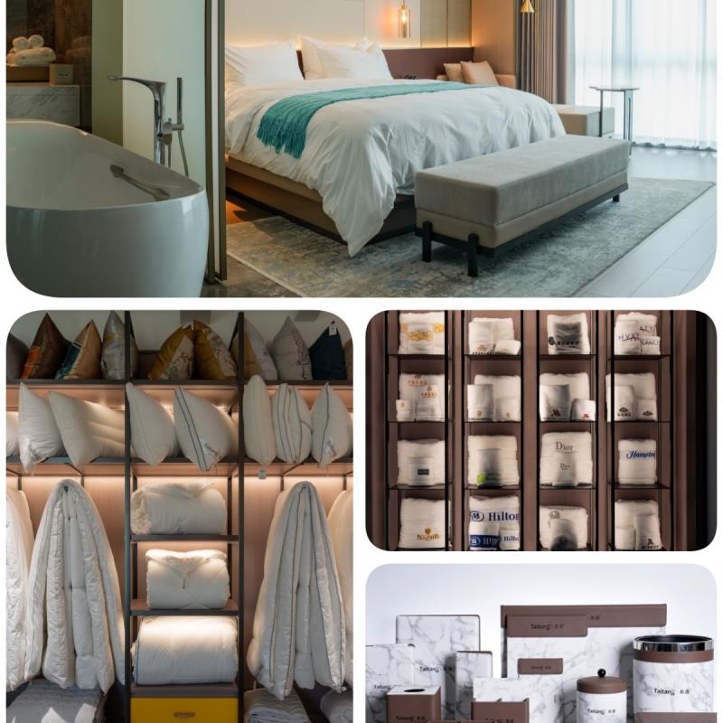 Collage of Taitang full-scope hotel supplies including guest room bedding, plush pillows, and ceramic tableware display for integrated sourcing.jpg
