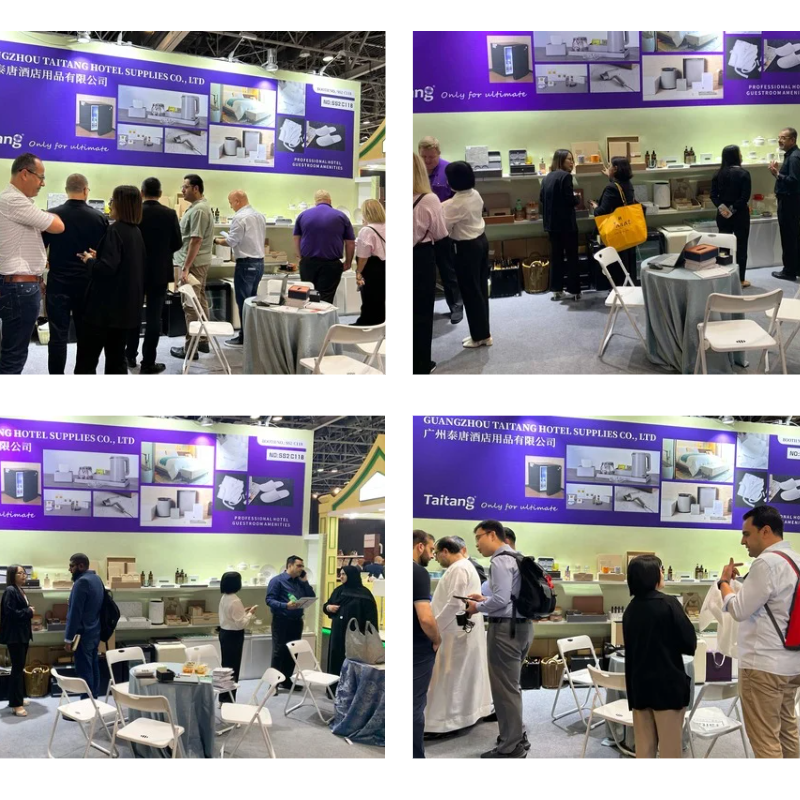 Four-panel photo collage showcasing busy buyer interactions, product inquiries, and visitor traffic at the Taitang exhibition booth in Dubai.png