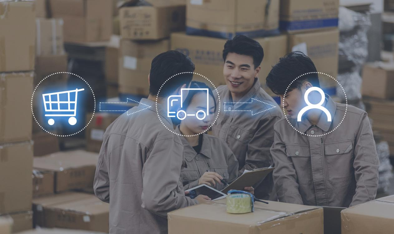 A team of logistics professionals in a warehouse using a digital tablet, with overlay icons showing a shopping cart, a delivery truck, and a person, illustrating Taitang’s