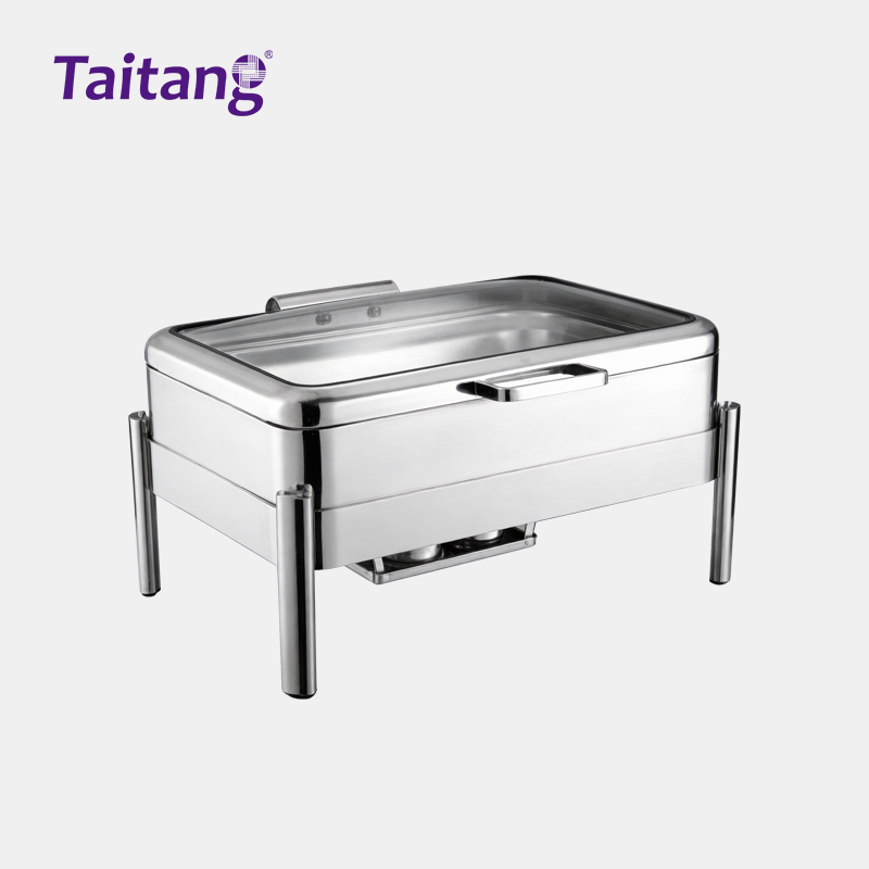 304 Stainless Steel Chafing Dish High-Leg Commercial Food Warmers with Glass Lid for Catering