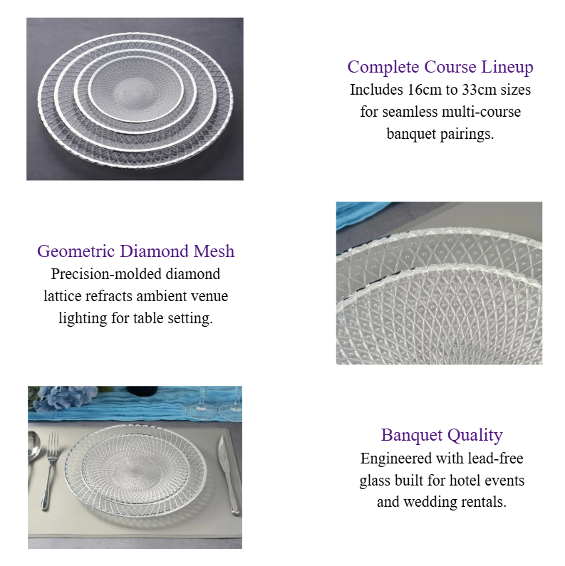 Geometric Diamond Glass Charger Plates Wholesale Silver Rim Underplates Bulk for Hotel Banquets & Event Catering.png