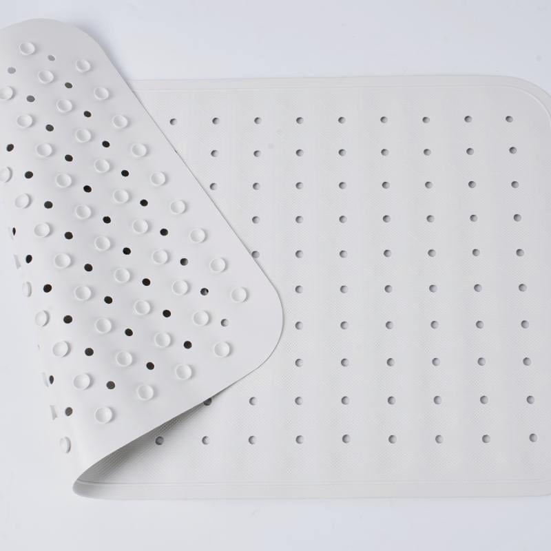 Taitang commercial non-slip PVC bath mat showing suction cups on back and drainage holes for hotel shower safety.jpg