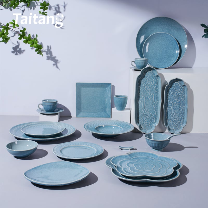 Reactive Glaze Flower Basket Porcelain Dinnerware Set Ceramic Bowls & Serving Platters Wholesale for Luxury Dining