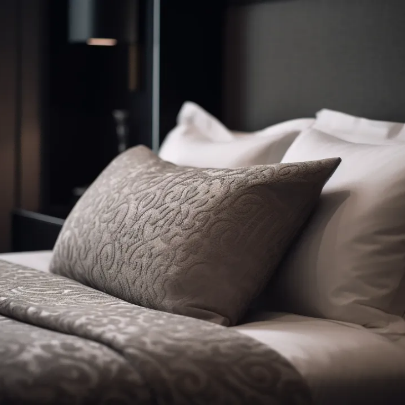 Close-up of a elegant hotel bed featuring an embroidered decorative accent pillow and layered white pillows.png
