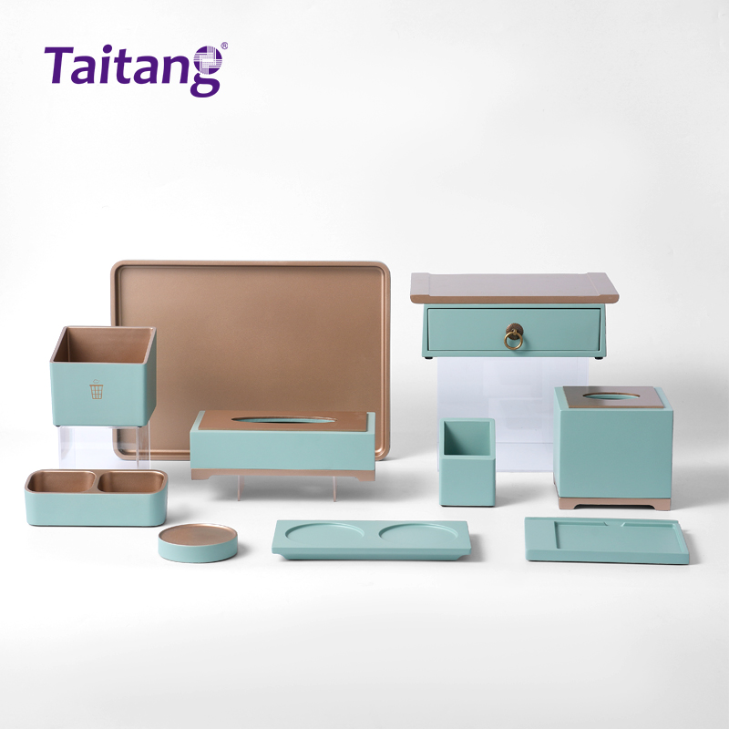 Bộ tiện nghi phòng khách sạn làm từ nhựa BMC màu xanh bạc hà và đồng, phụ kiện phòng khách 5 sao