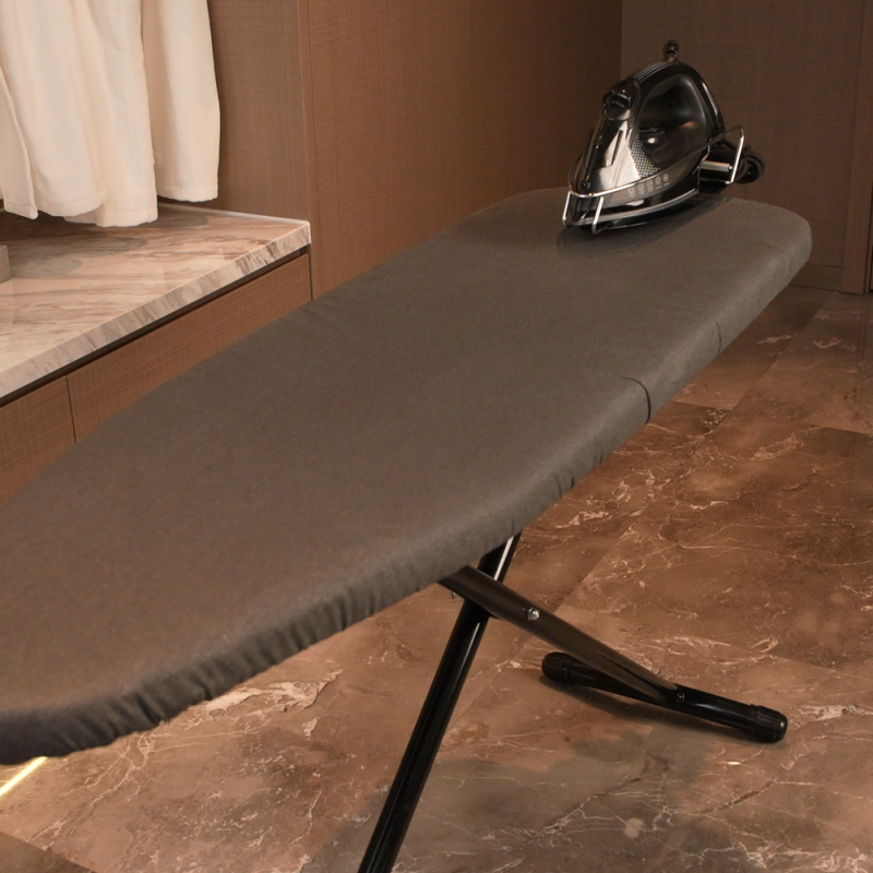 Taitang 7-level height-adjustable folding hotel ironing board set up with a commercial ceramic soleplate steam iron..png