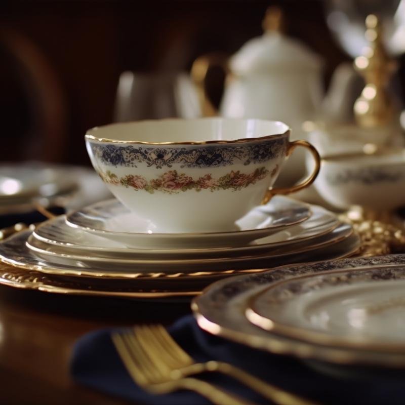 Fine bone china teacup and saucer set featuring vintage floral patterns and gold rims on a luxury hotel dining table.jpg