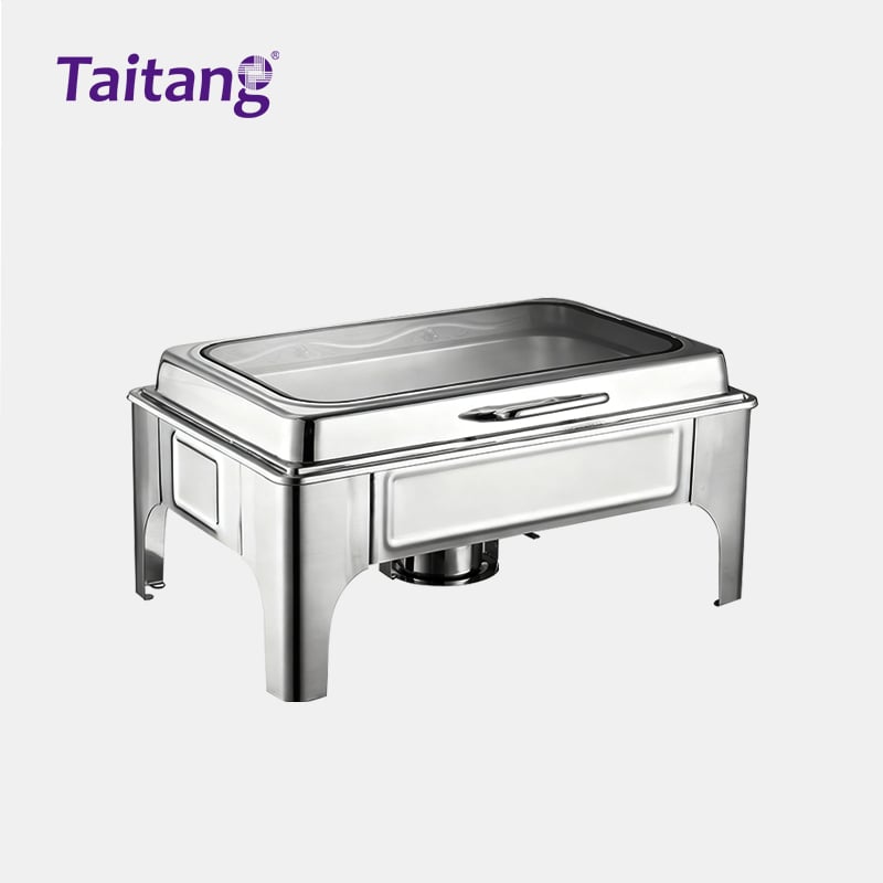 Perangkat Pemanas Makanan Komersial Jenis Chafing Dish Berbahan Keluli Tahan Karat Pandangan Penuh dengan Kaki Tinggi untuk Jamuan Hotel