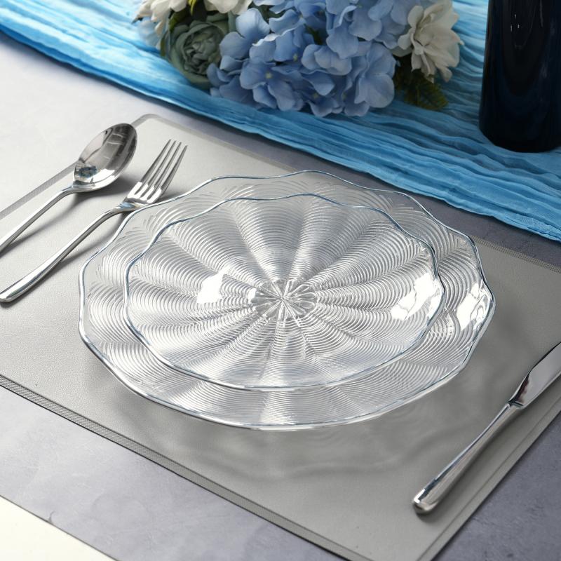Elegante Skulpglas Laaiplekke Groothandel Deursigtig & Silwer Rand Onderplate Vir Troue & Hotelskatering