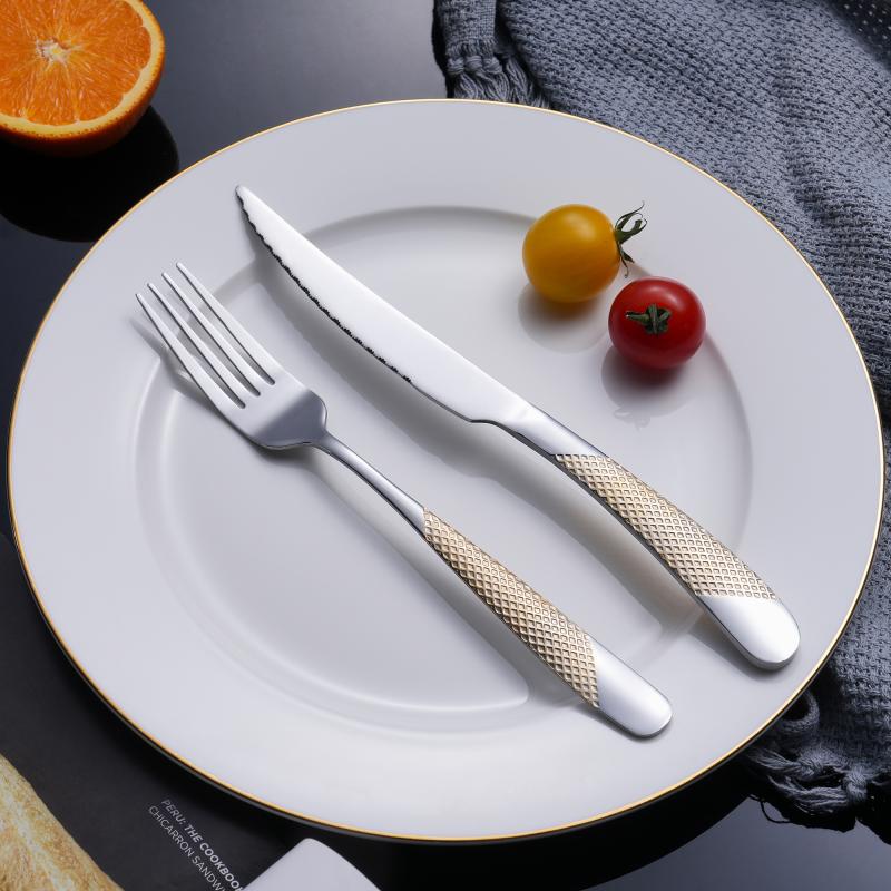 Luxury Restaurant Cutlery Set Gold Checkered Handle 201 Stainless Steel Cutlery for Hotels & Fine Dining