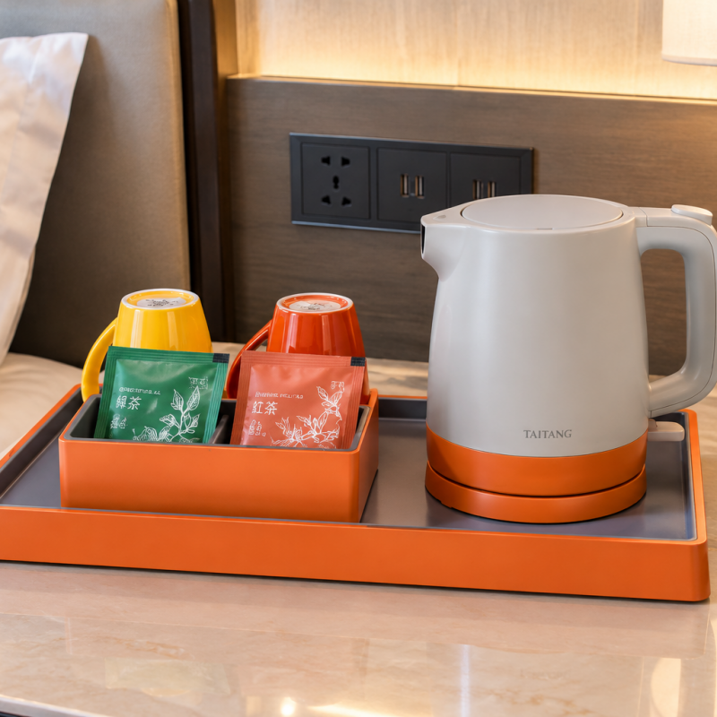 8. A contemporary Taitang guest room hospitality amenity set with a vibrant orange and light grey electric kettle on a matching orange tray, surrounded by colorful mugs, suitable for modern hotel design.png