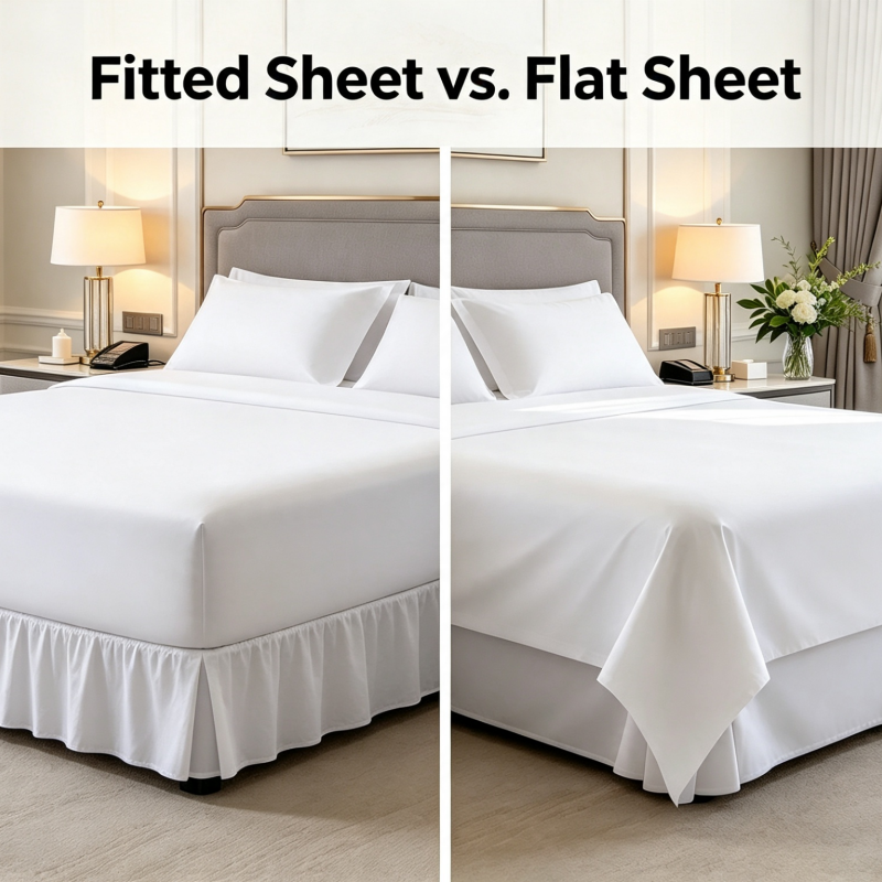 Comparison of a hotel fitted sheet with snug elastic corners versus a crisp hotel flat sheet draped over a luxury guest bed by Taitang.png