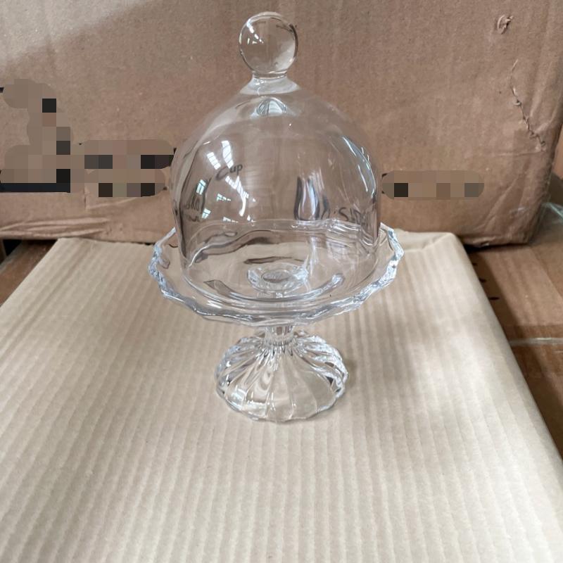 Commercial footed glass cake pedestal stand with clear dome cover for hotel pastry display.JPG