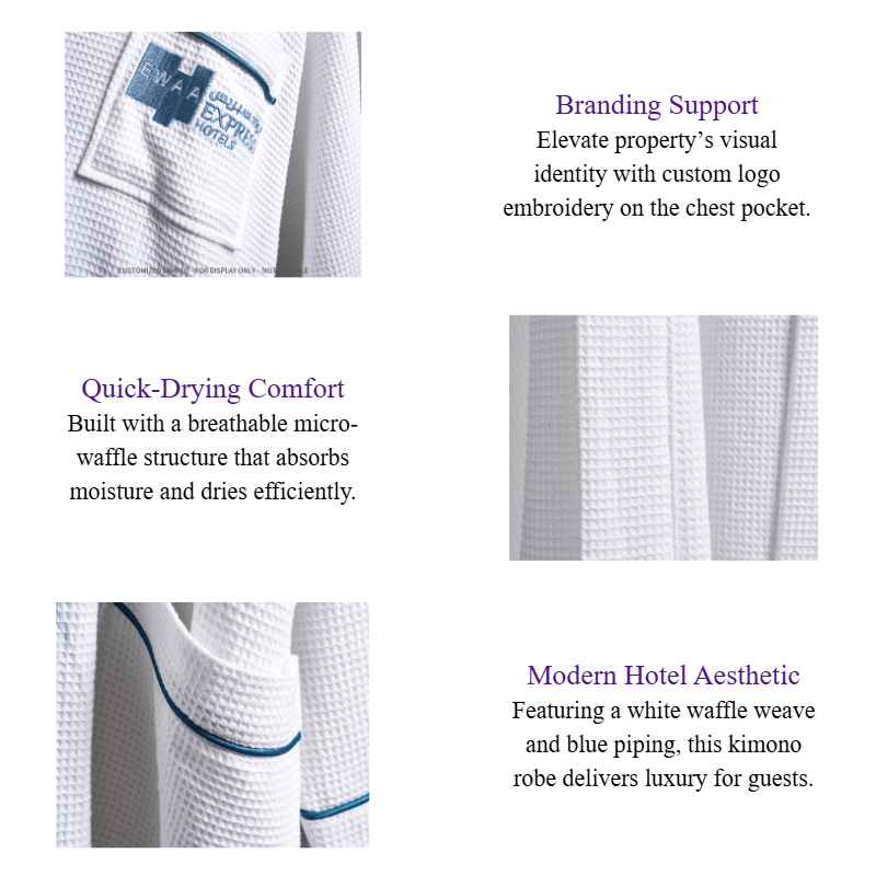 White Kimono Waffle Hotel Bathrobe Breathable Cotton Resort Spa Robes with Blue Piping & Custom Logo Embroidery.png