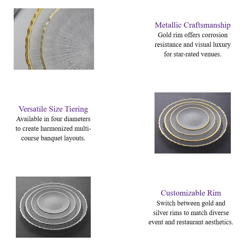 Luxury Glass Dinner Plates in Bulk Gold and Silver Rimmed Glass Charger Plates for Weddings and Hotel Banquets.png