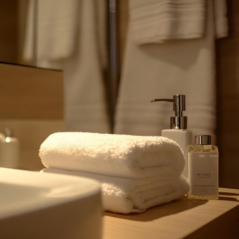 Luxurious hotel bathroom setup with neatly folded white towels and bath amenities, showcasing premium hospitality supplies from Taitang.jpg