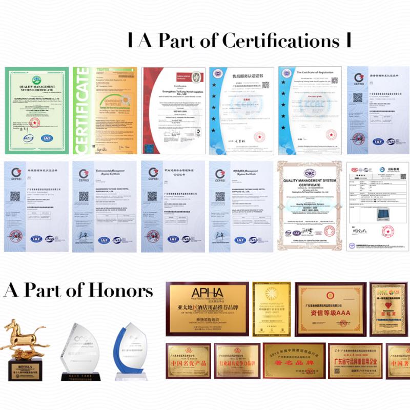 A collection of trade certifications and business honors awarded to Taitang, reflecting industry recognition for high-end hotel furniture quality and design standards.jpg