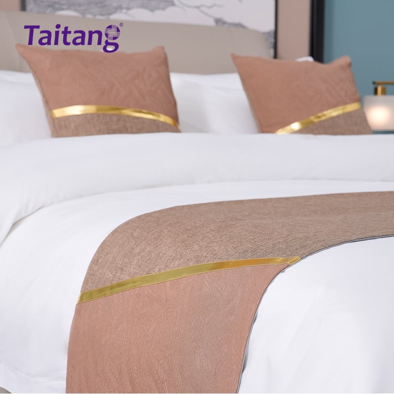 Tan Hotel Bed Runner and Decorative Throw Pillow Set Professional Hospitality Bedding Supplies