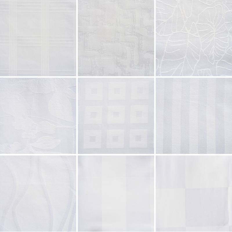 Displaying nine premium white cotton sateen jacquard weave patterns including stripes, geometric grids, organic leaf contours, and wave textures for hotel linen customization.jpg