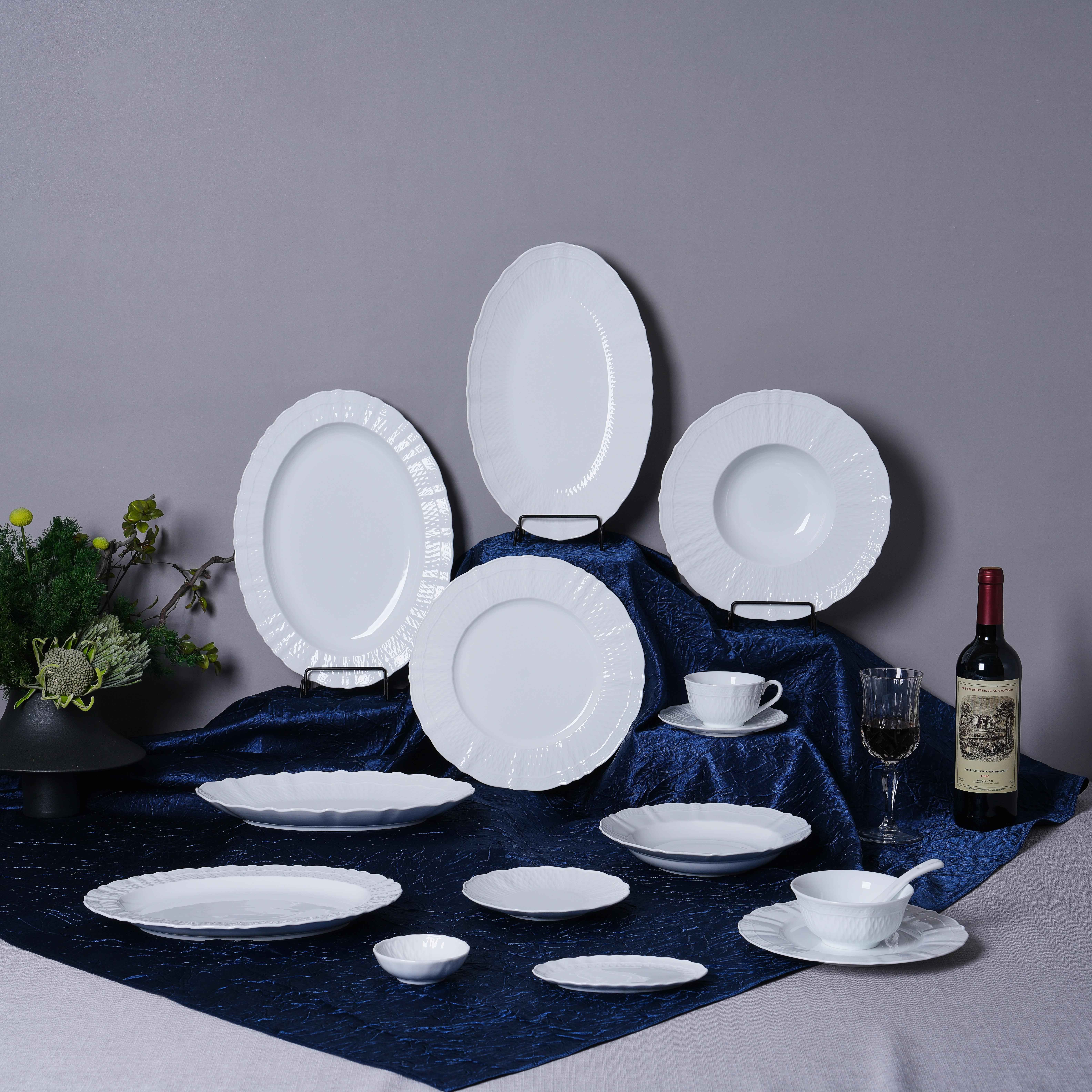 Mynsturprentað hvítt porcelænborðfötu-setti, háþrýst, fyrir viðskipta- og heimilisnotkun, í hótelmyndun