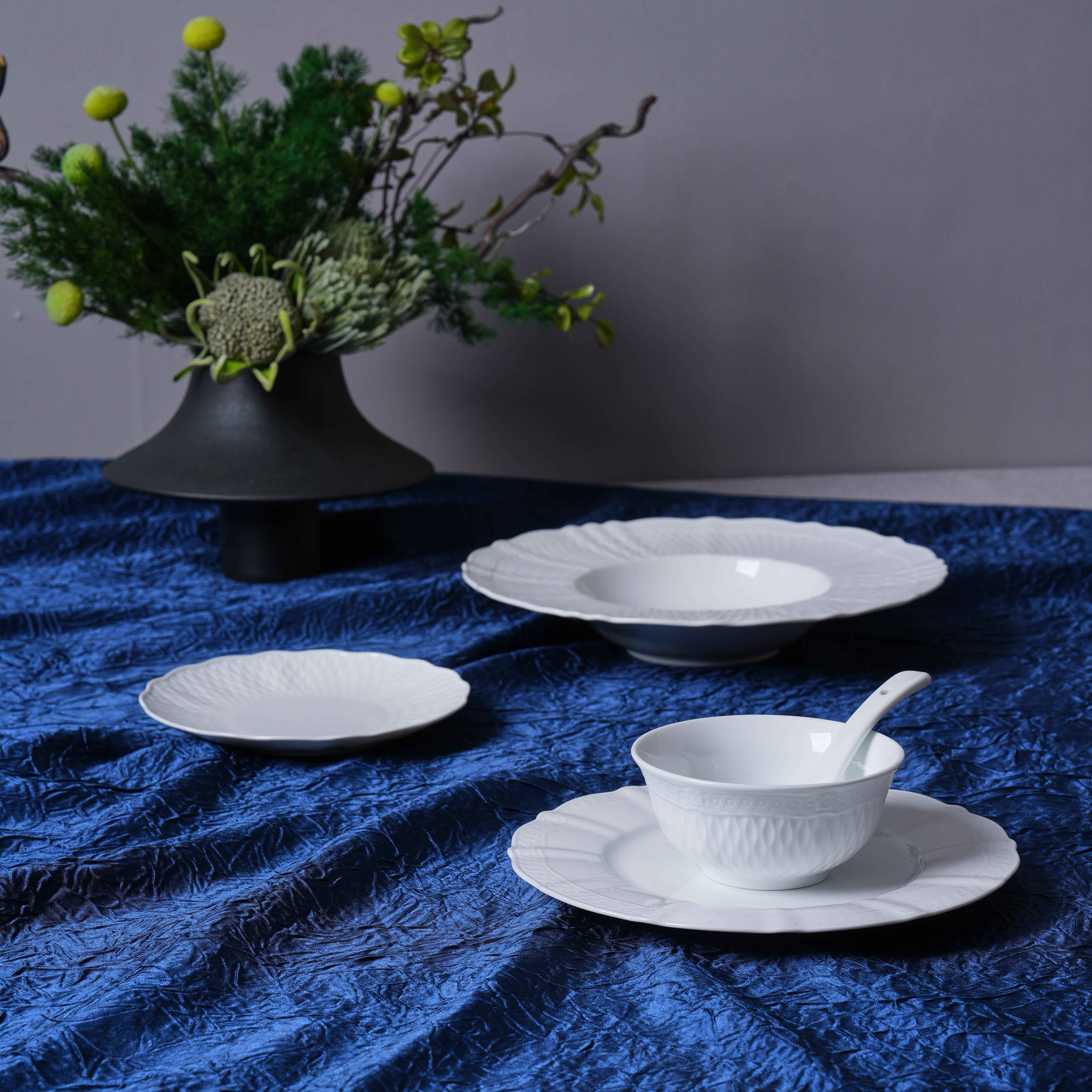 Mynsturprentað hvítt porcelænborðfötu-setti, háþrýst, fyrir viðskipta- og heimilisnotkun, í hótelmyndun
