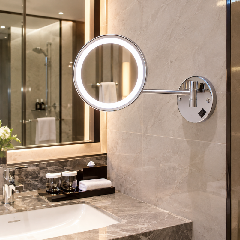 LED Wall-Mounted Hotel Magnifying Mirror with Extending Swivel Arm