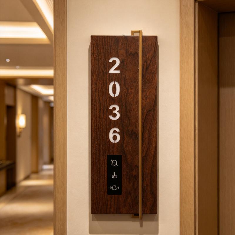 Luksue-houten LED-agtergrondverligte hotel-elektroniese deurbel met pasgemaakte kamer nommer-teken